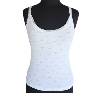 Pink Rose White Tank Top Lace Girlie Camisole with Pink Bow Print